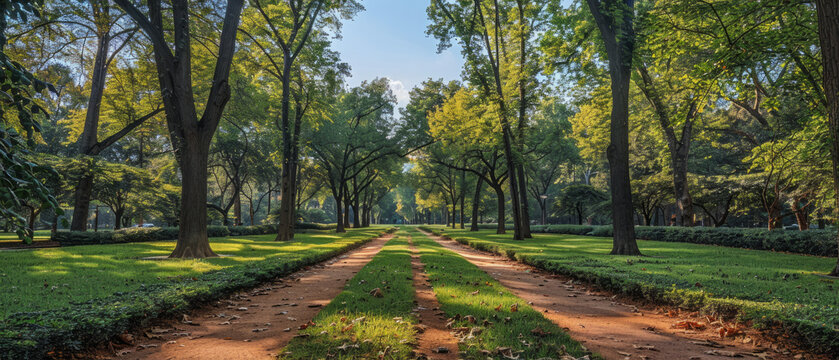 A serene park scene featuring parallel dirt paths flanked by lush green trees with sunlight filtering through the canopy, casting dappled shadows on the ground.
