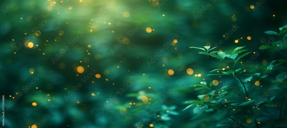 Poster elegant gold bokeh on defocused emerald green background for banner or design element