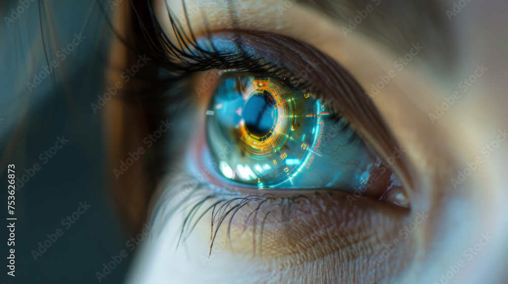 Poster close-up of a human eye with futuristic digital augmentation, showing intricate circuitry and hologr