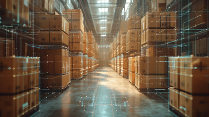 A modern warehouse interior with rows of shelves stocked with cardboard boxes. Digital grid lines overlay the scene, indicating advanced inventory management or logistic systems. - obrazy, fototapety, plakaty