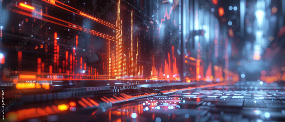 Poster a digital landscape represents abstract concepts of data and technology with glowing neon lights and