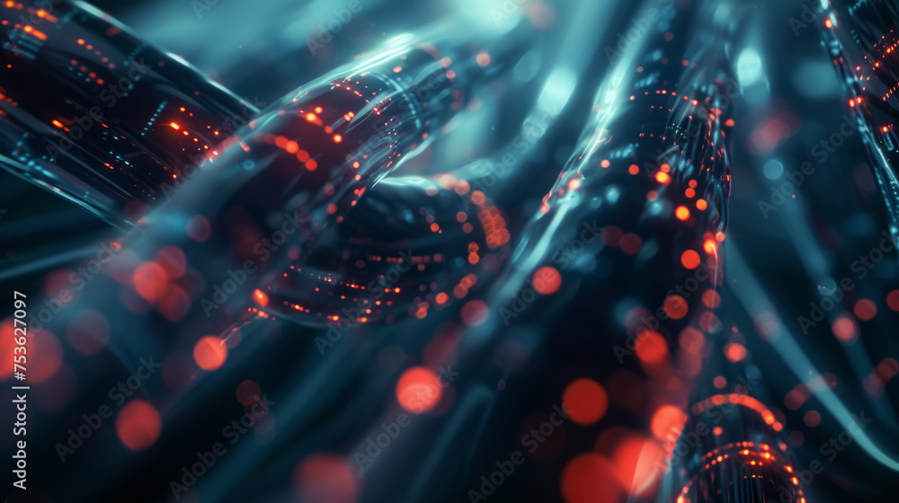 Poster abstract background with glowing red and blue digital data streams depicting advanced technology, co