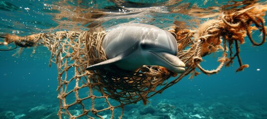 Dolphin caught in fishing net, showcasing the detrimental effects of human waste on marine life.