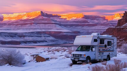 RV truck in snow field in winter in rugged land.