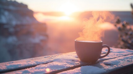 Hot coffee cup in snow winter in rugged lands. - obrazy, fototapety, plakaty