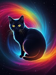 Silhouette of black cat on colorful neon wavelengths background