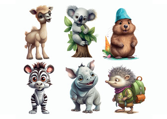 Fototapeta premium Adorable Illustrated Baby Animals in Various Poses and Expressions