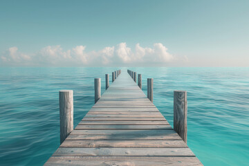 A serene wooden pier extends into the calm blue sea under a clear sky with soft clouds on the horizon, conveying a sense of tranquility and escape.