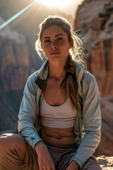 Portrait of a female rock climber rest at cliff in Grand Canyon.