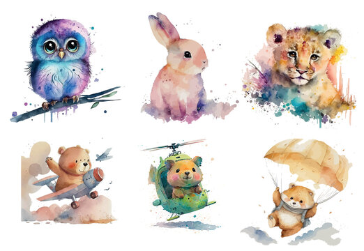 Watercolor Illustrations of Cute Animals: Owl, Rabbit, Lion Cub, and Bears in Playful Scenarios with a Splash of Colors