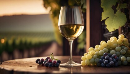 white wine glass decorated with grapes standing on a table in the winery