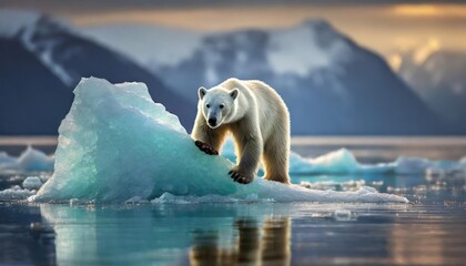 canada nunavut territory polar bear ursus maritimus climbing onto melting iceberg floating in frozen strait near arctic circle along hudson bay - obrazy, fototapety, plakaty