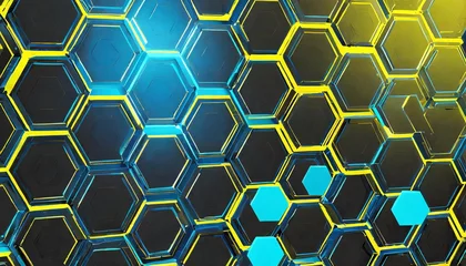 Tapeten digital generated technology hexagon background glossy textured blue hexagons with yellow glow modern futuristic background 3d illustration pattern hexagon background abstract and geometric wallpaper © Ryan