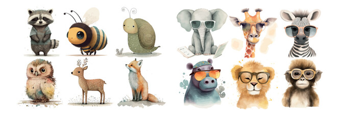 Fototapeta premium Whimsical Collection of Illustrated Animals Wearing Glasses: A Creative and Artistic Representation for Various Uses