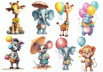 Fototapeta premium Adorable Illustrated Baby Animals with Balloons and Accessories, Perfect for Children’s Content and Celebratory Themes