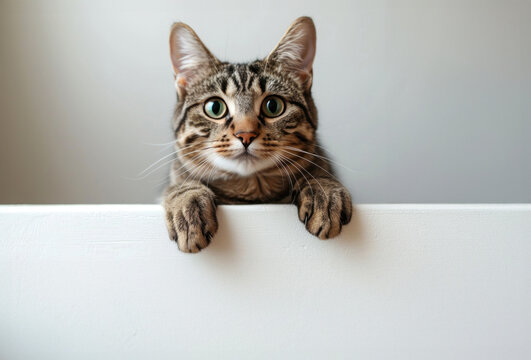 Cute tabby cat laying down holding white banner, copy space for the ad or discount banner