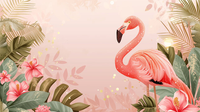 Background With Exotic Leaves And Coloful Flowers and Flamingo. It's Summer Time © ksu_ok