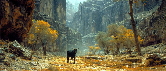 a deer standing in a canyon with a mountain in the background