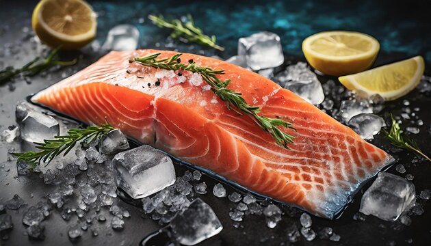 fresh salmon trout fillet on dark background with ice top view