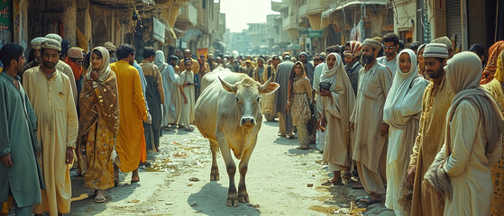 a many people standing in a crowd with a cow