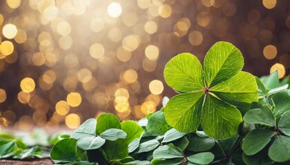 new year background banner with copy space lucky clover leaves with magical bokeh lights against beautiful brown background clover shamrock good luck - obrazy, fototapety, plakaty