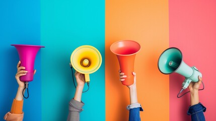 A diverse group of people holding megaphones.
