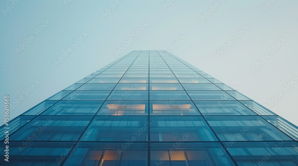 Poster low angle view of a modern glass skyscraper facade against a clear sky with visible windows and soft