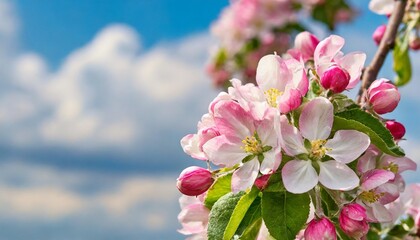 apple twig in full blossom in front of a sky with clouds lush pink flowering background in springtime