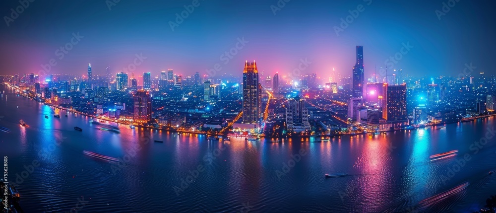 Aufkleber An aerial view of Bangkok at night showing wireless network and connection technology.