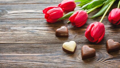 valentines day background with chocolates hearts and red tulips copy space love and concept