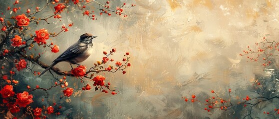 Artistic background with flowers, branches, birds, golden brushstrokes. Oil paint on canvas. Modern Art. Grey wallpaper, poster, card, mural, print, wall art.