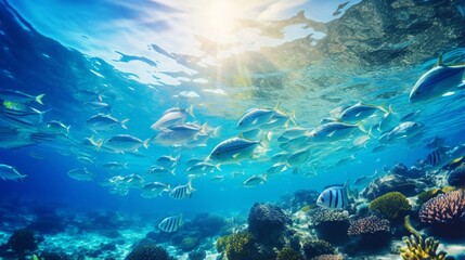 青い海を泳ぐ魚の群れ、海中の自然風景