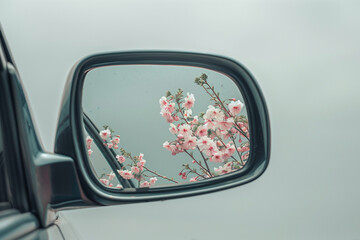 Pink flowers in rearview mirror on cloudy day.Minimal concept.