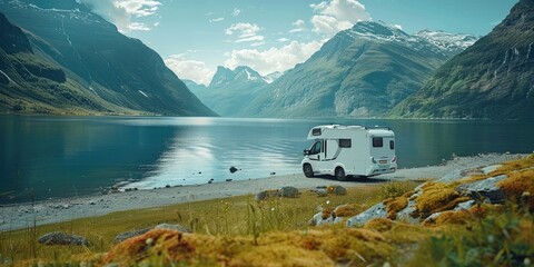 motor home on the background of the vibrant color breathtaking view - obrazy, fototapety, plakaty