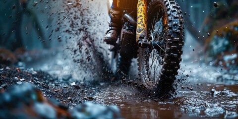 off-road motor home bike wheel, covered in mud