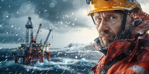 brutal oil worker wearing in oil uniform and protective helmet at the oil platform under snow  - obrazy, fototapety, plakaty