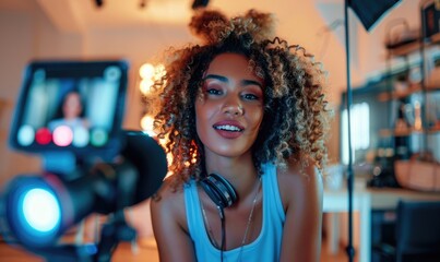 beautiful instagram girl recording a video for her youtube channel - obrazy, fototapety, plakaty
