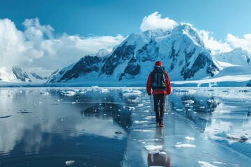an explorer walking along the sea in Antarctica  - obrazy, fototapety, plakaty