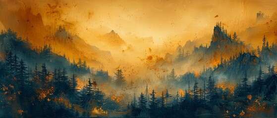 An abstract artistic background. Hand-painted ink landscape painting in Chinese style. Golden texture. Modern art prints, wallpapers, posters and murals. - obrazy, fototapety, plakaty