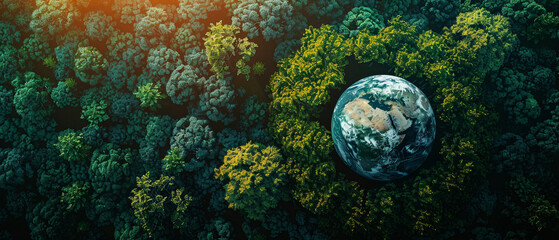 Obraz na płótnie Canvas Aerial top view of green forest tree and a big global globe in a side