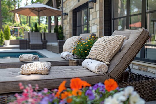 beautiful chic summer terrace with sun loungers