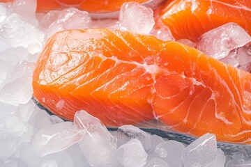 view Oceanic freshness Close up of raw salmon fillets on a bed of ice - obrazy, fototapety, plakaty