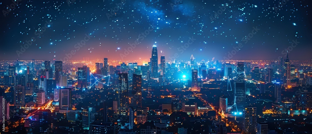 Aufkleber concept of smart network and connection technology with bangkok city background at night in thailand