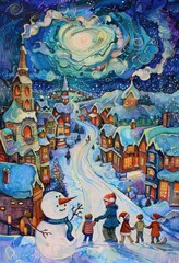 christmas town and chirldren playing snowman drawing, in the style of naive and childlike art