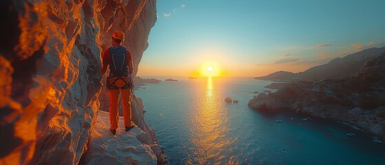 The sunset over Kalymnos Island, Greece, with a rock climber