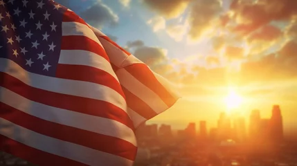 Photo sur Plexiglas Etats Unis US national flag and New York City skyline at sunset.