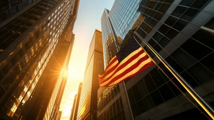 Papier Peint photo autocollant Etats Unis US national flag flying in air in New York city street