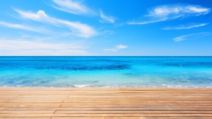 Obraz premium 青い海と空と木の板、余白・コピースペースのある夏の背景