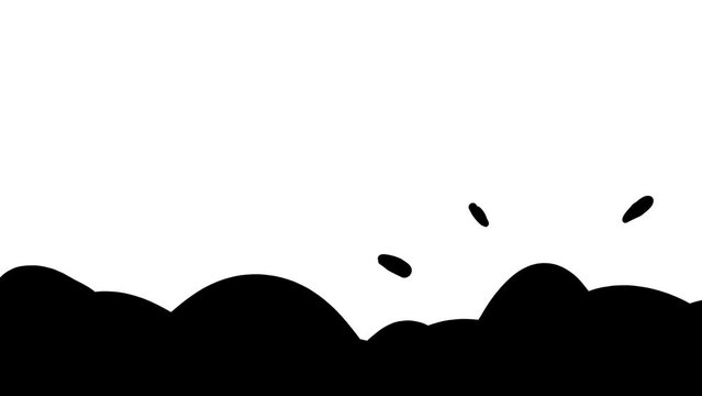 Rapid and constant boiling of black sludge or mud with splashes.