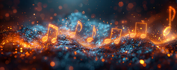 Glowing music notes emerge from a vibrant particle wave, embodying the flow of melodies.